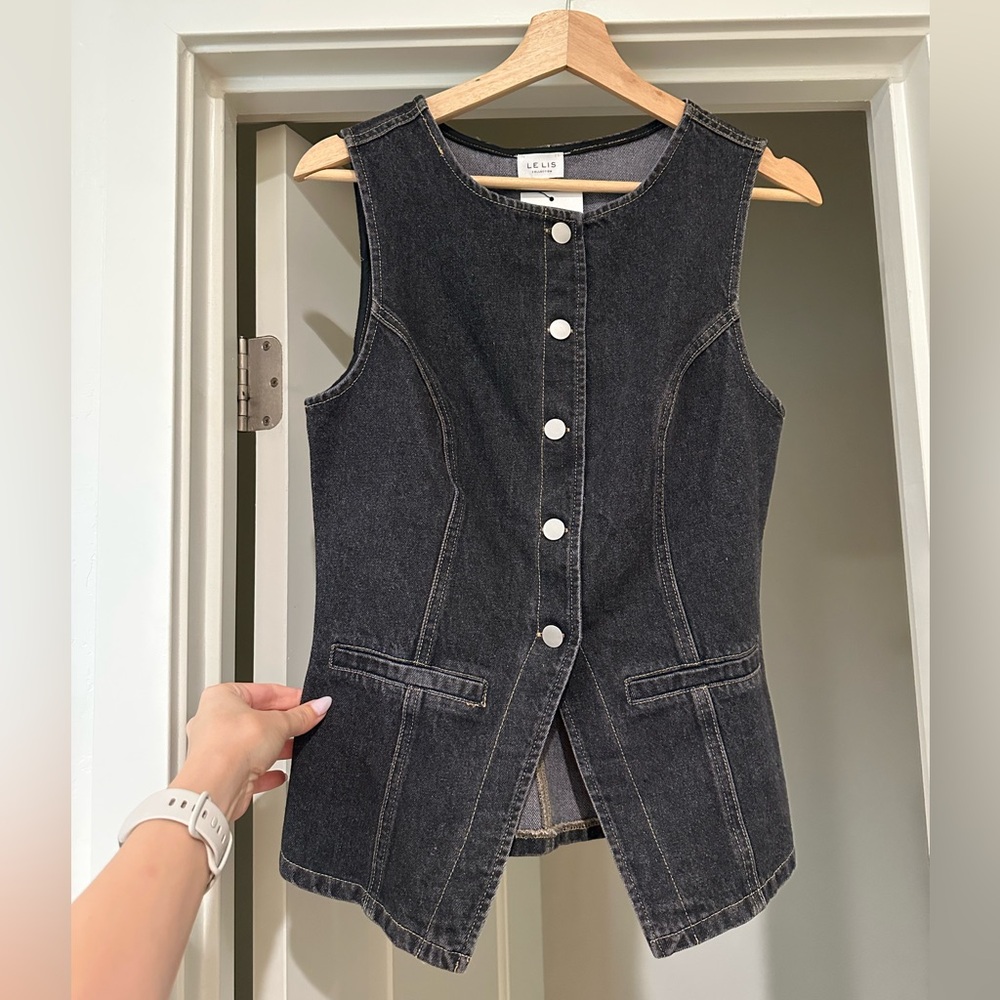 Black Denim Button-Front Sleeveless Top